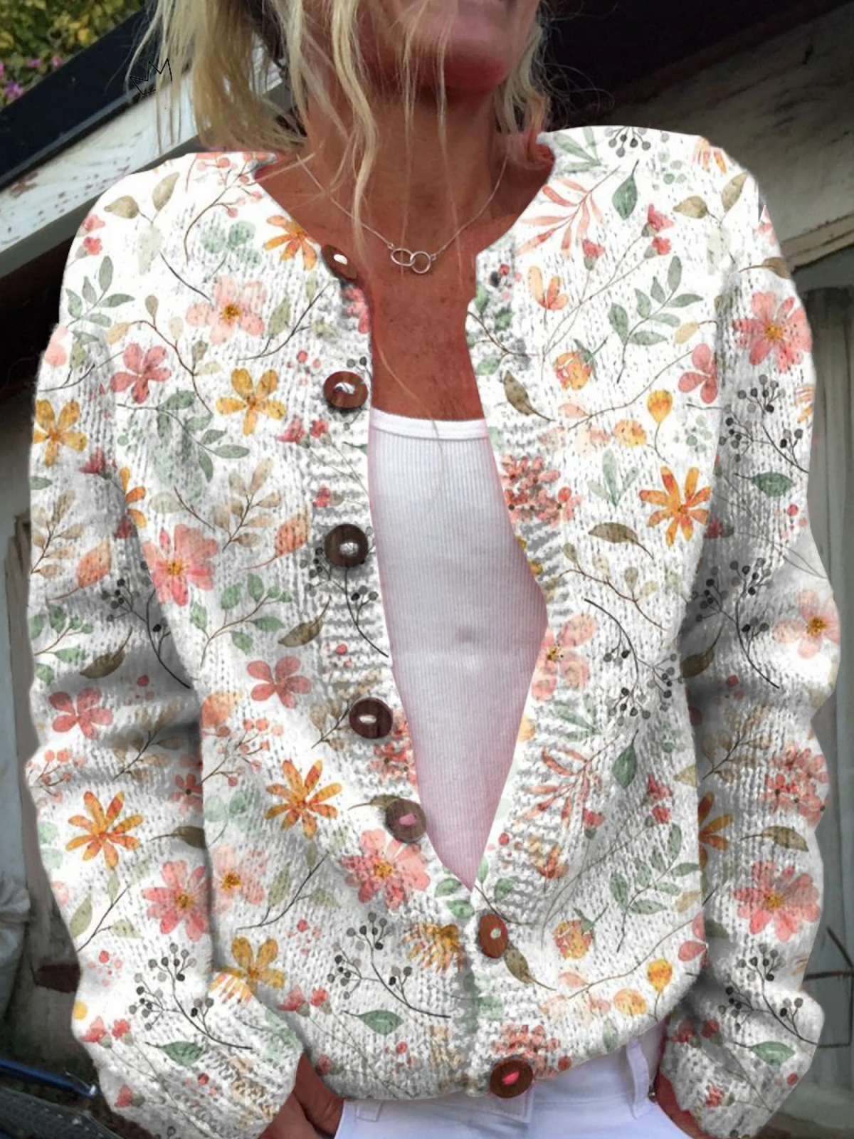 Grace™ Cute and Fresh Little Flowers Print Buttoned Cardigan Sweater