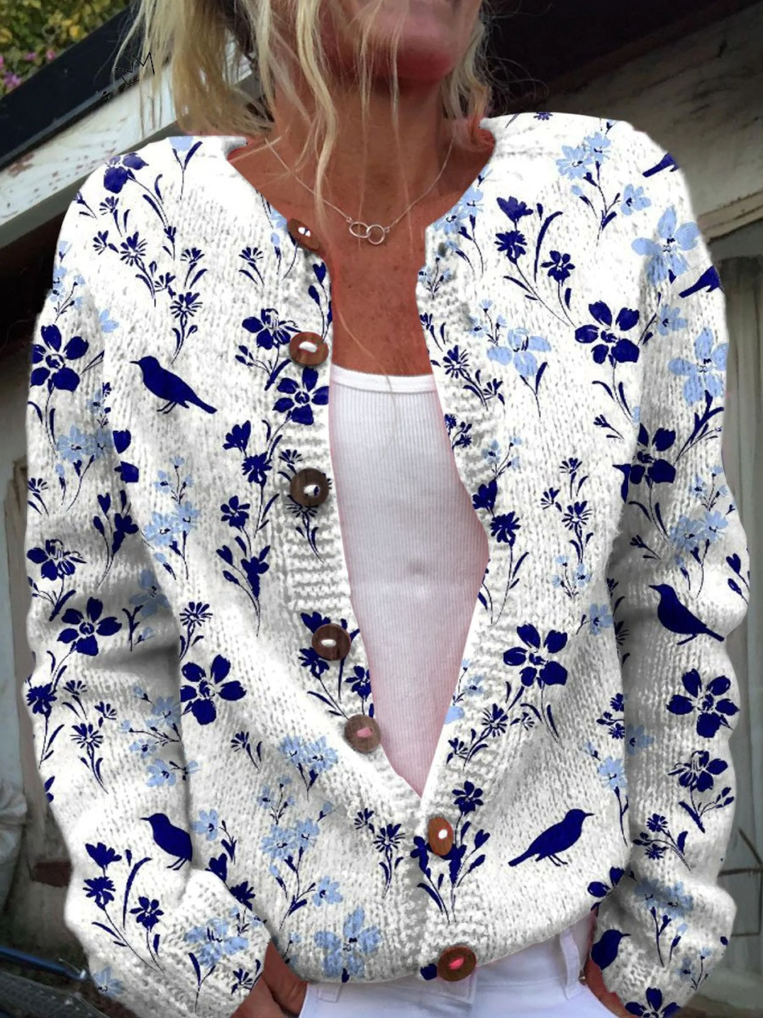 Vintage Flower Art Print | Grace™ Buttoned Cardigan Sweater