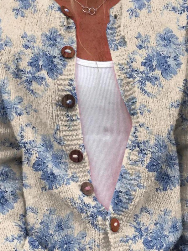 Grace™ Women's Lovely Floral Art Print | Buttoned Cardigan Sweater