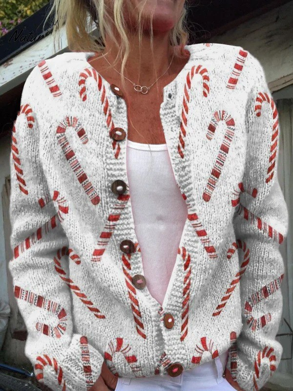 Grace™ Festive Candy Cane Decorative Pattern | Buttoned Cardigan Sweater
