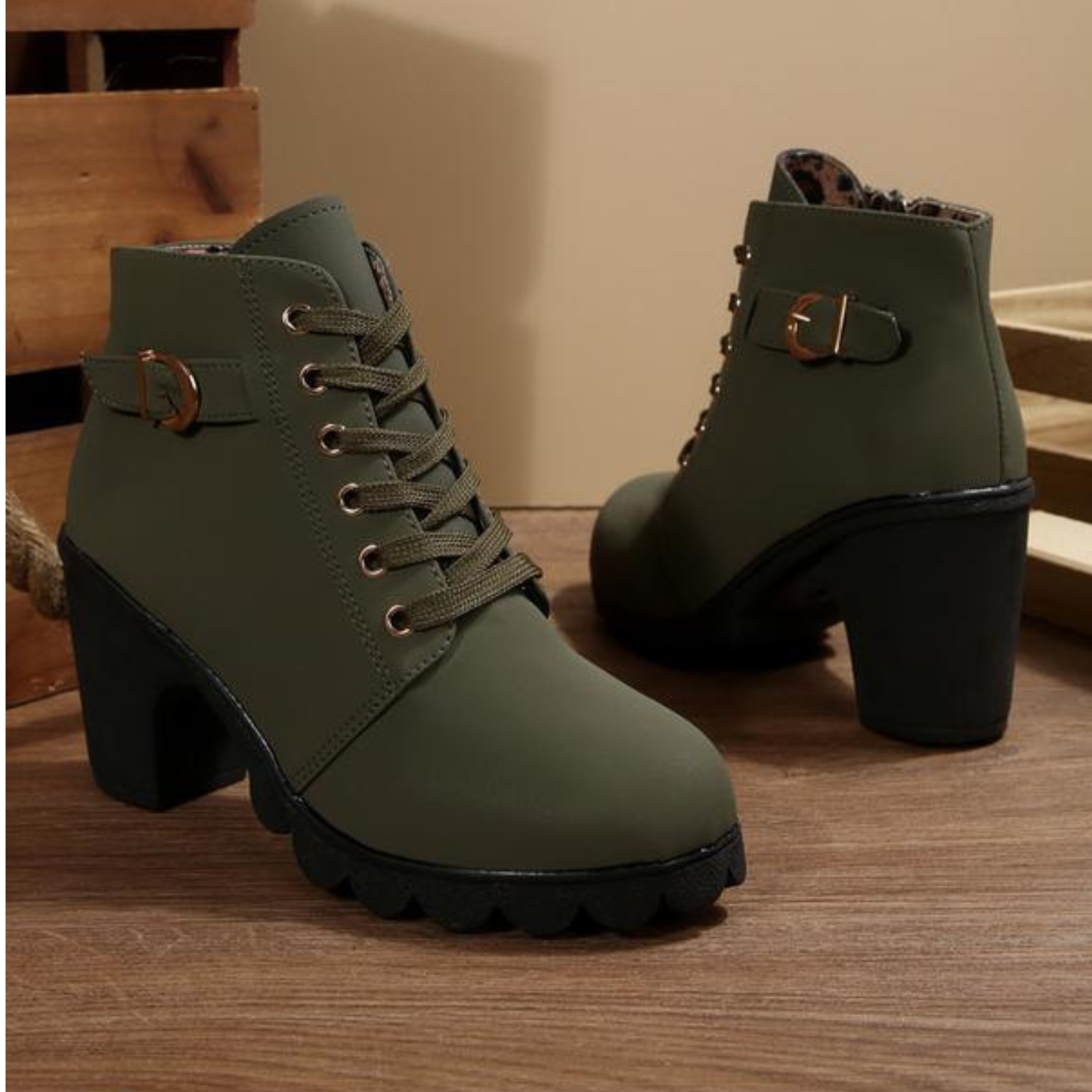 Grace™ - Chic Lace-Up Metal Buckle Chunky Ankle Boots