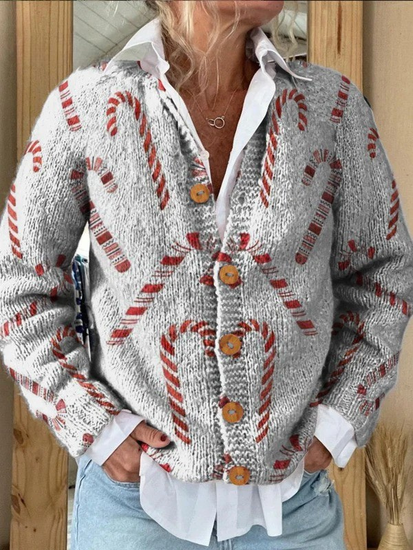 Grace™ Festive Candy Cane Decorative Pattern | Buttoned Cardigan Sweater