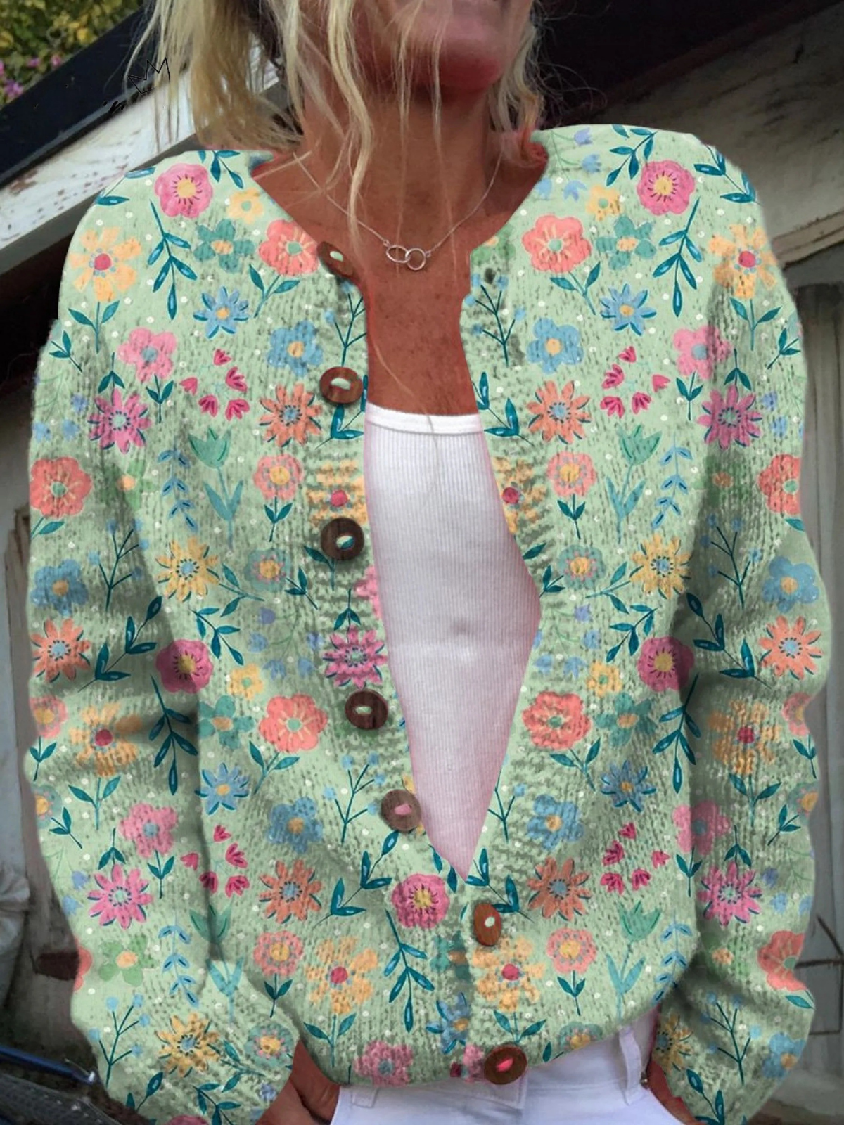 Grace™ Summer Field Floral Pattern Print | Buttoned Cardigan Sweater