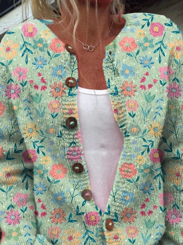Grace™ Summer Field Floral Pattern Print | Buttoned Cardigan Sweater