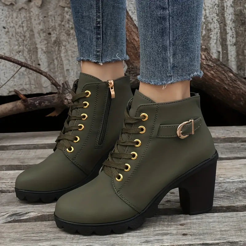 Grace™ - Chic Lace-Up Metal Buckle Chunky Ankle Boots