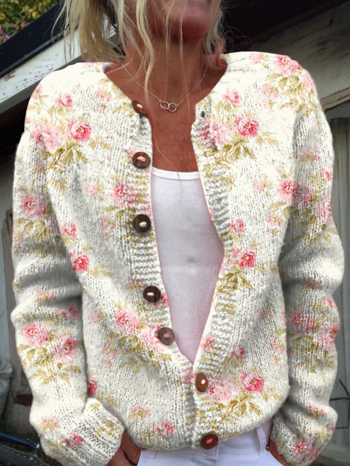 Grace™ Fresh Pink Flowers and Green Leaves Print | Buttoned Cardigan Sweater