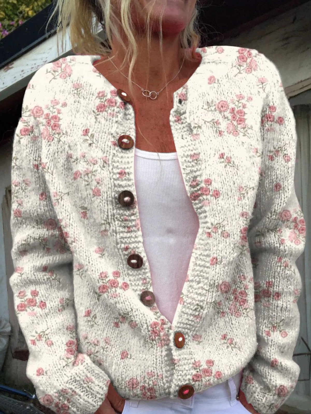 Grace™ Pink Rose Florets Print | Buttoned Cardigan Sweater