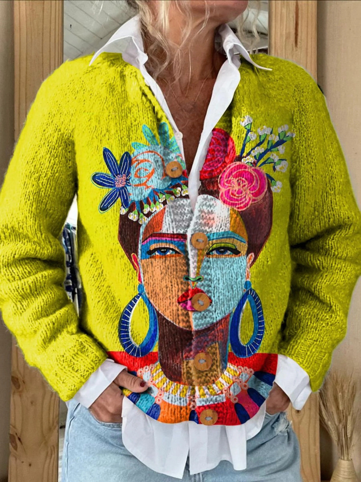 Grace™ Oil Painting Portrait Art Printed | Buttoned Cardigan Sweater