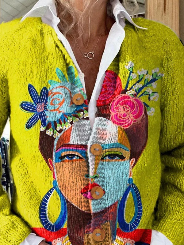 Grace™ Oil Painting Portrait Art Printed | Buttoned Cardigan Sweater