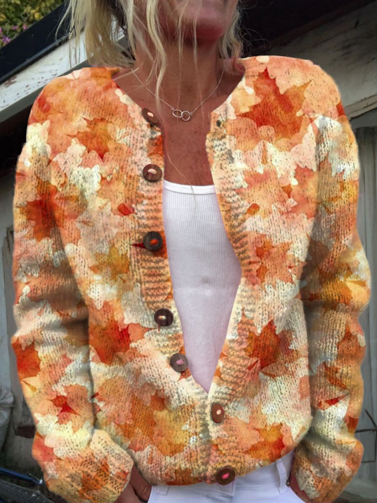 Grace™ Maple Leaf Autumn Art Print | Buttoned Cardigan Sweater