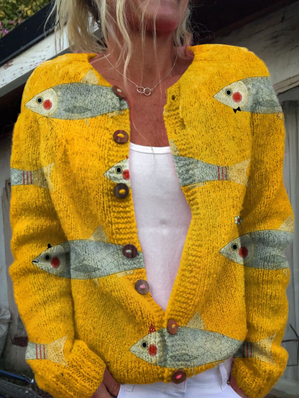 Vintage Fish Sardines Art Print | Grace™ Buttoned Cardigan Sweater