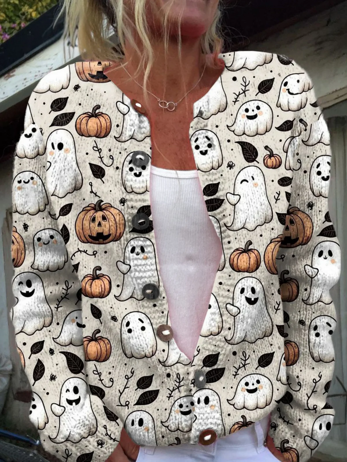 Funny Ghost Halloween | Art Print | Grace™ Buttoned Cardigan Sweater