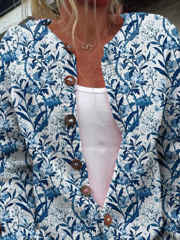 Grace™ Elegant Blue and White Floral Pattern Print Buttoned Cardigan Sweater
