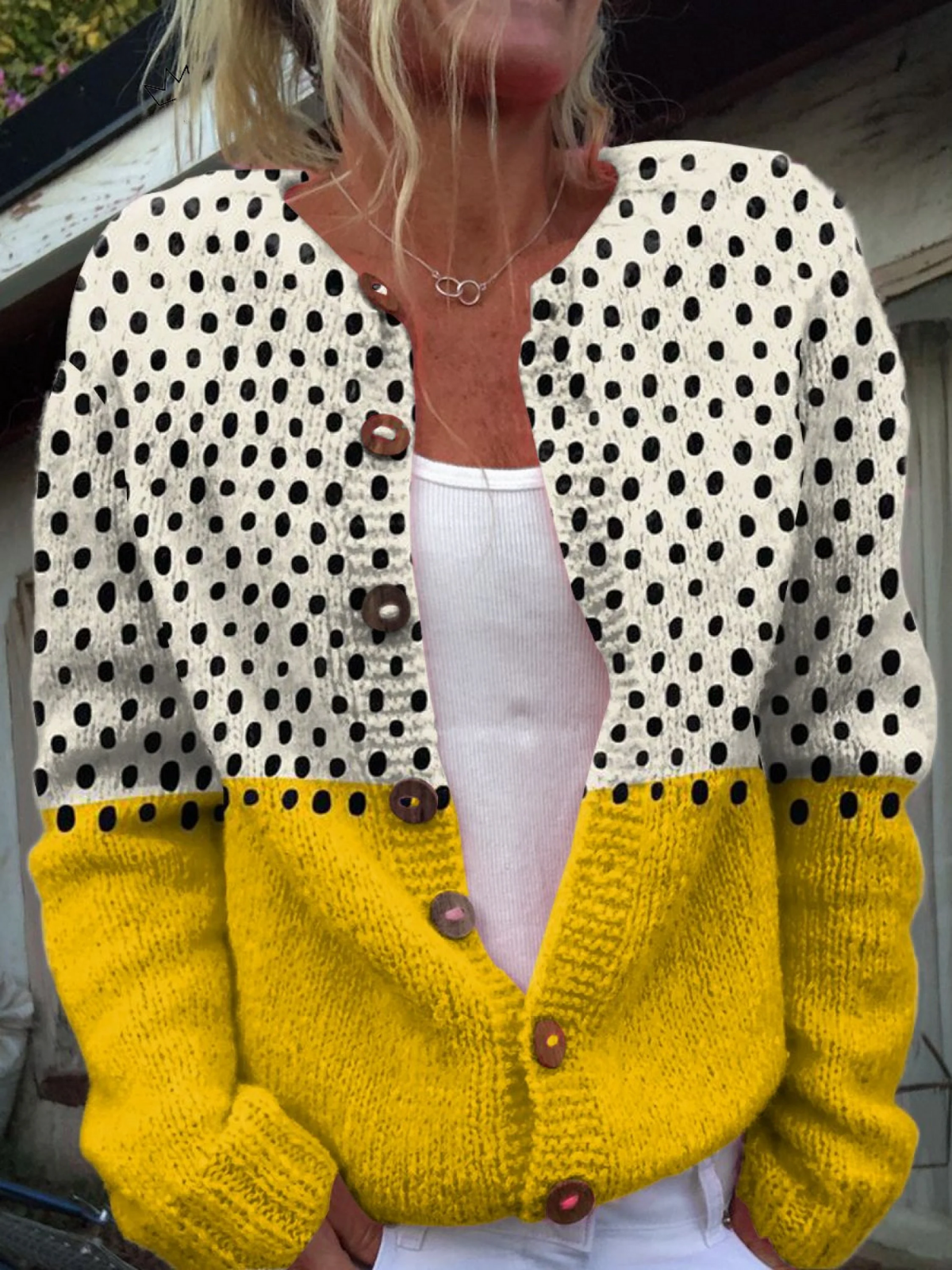 Grace™ Yellow Geometric Polka Dots Print | Buttoned Cardigan Sweater
