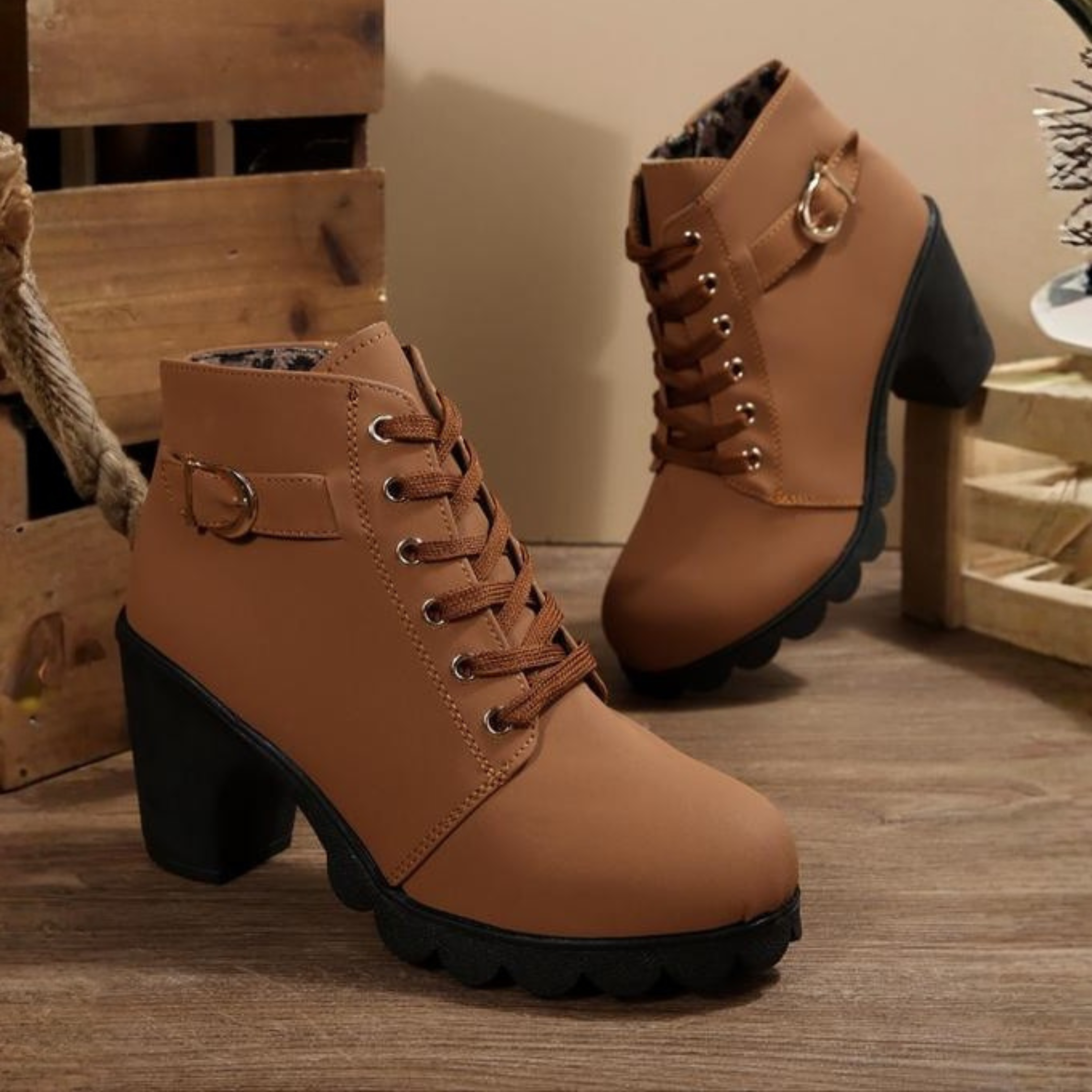 Grace™ - Chic Lace-Up Metal Buckle Chunky Ankle Boots