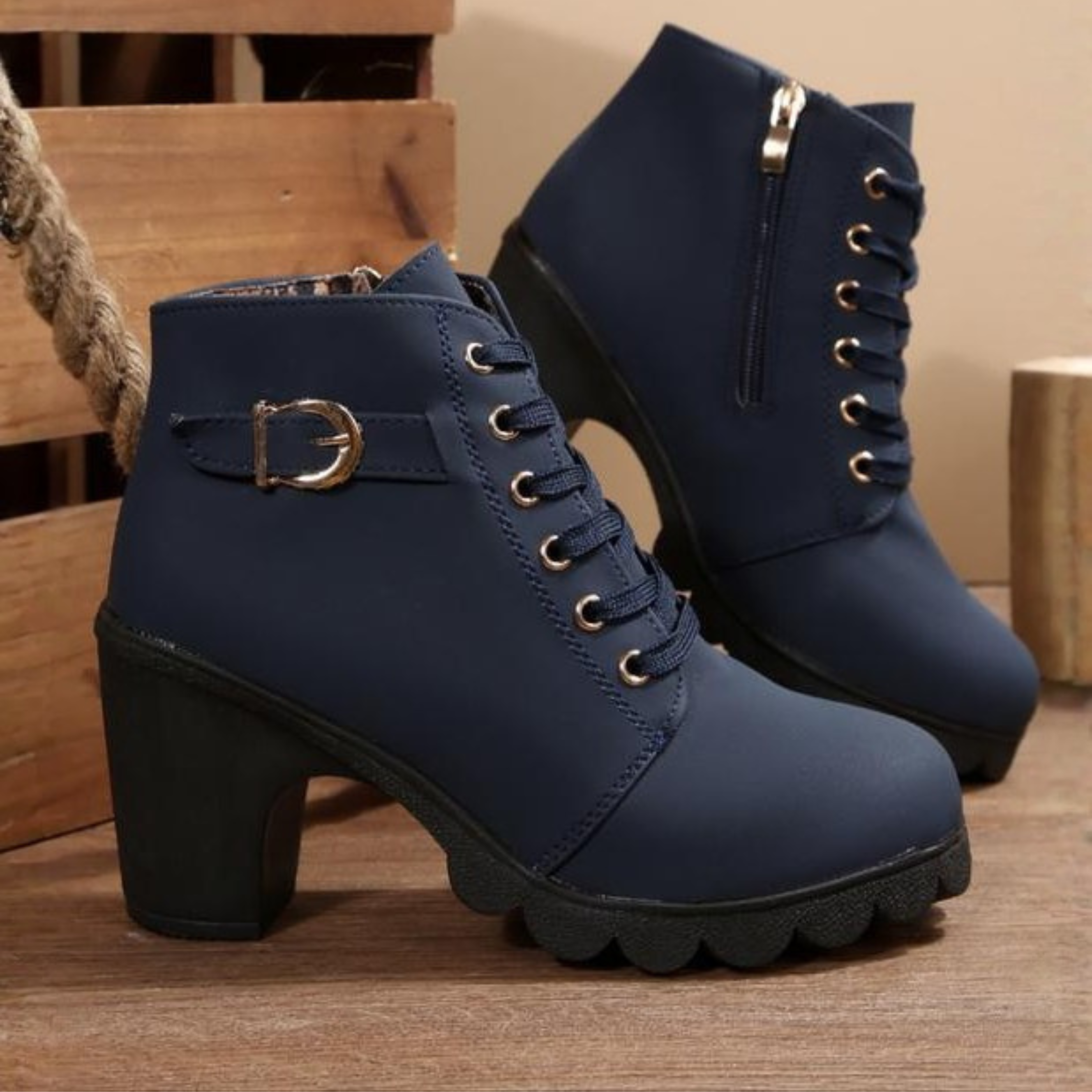 Grace™ - Chic Lace-Up Metal Buckle Chunky Ankle Boots