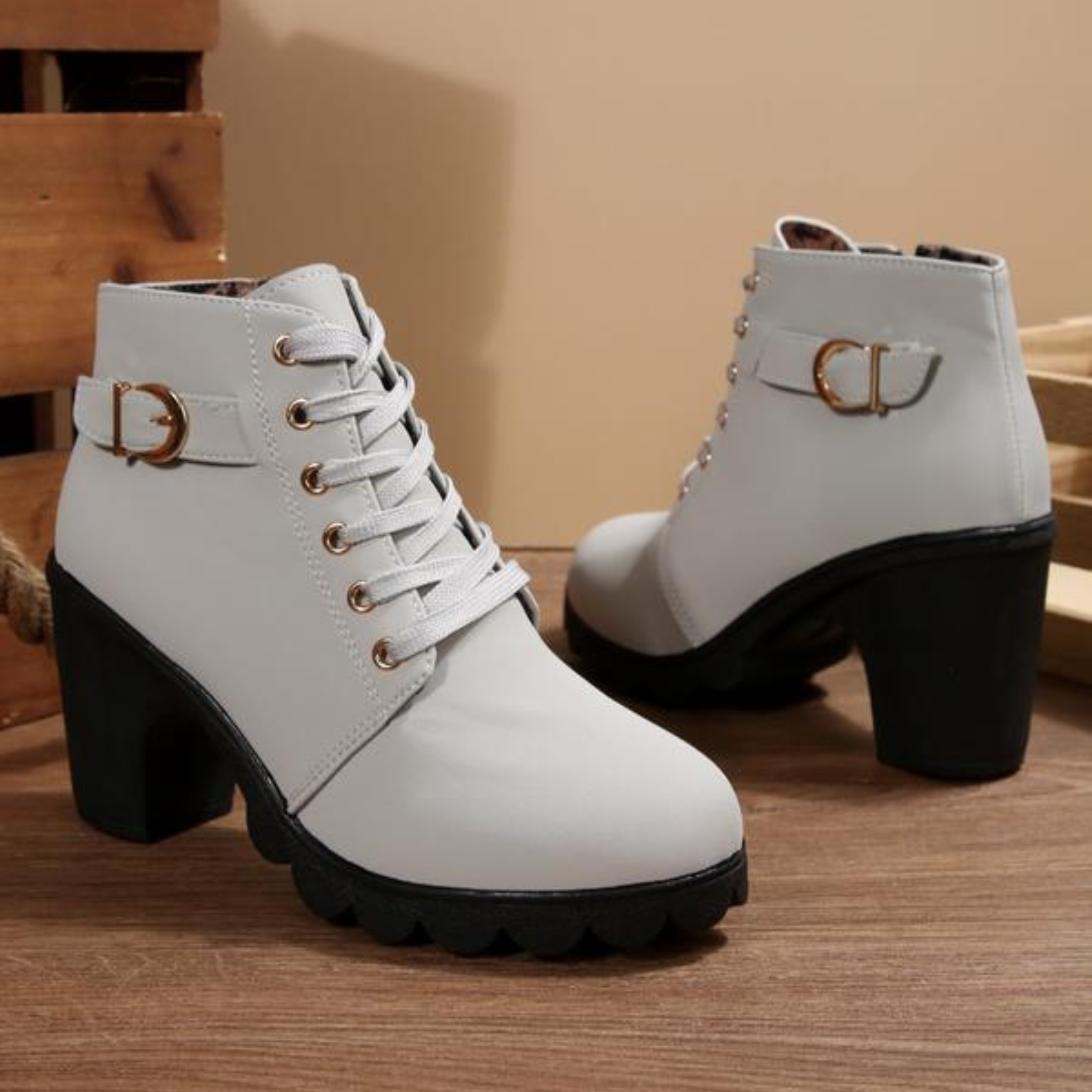 Grace™ - Chic Lace-Up Metal Buckle Chunky Ankle Boots