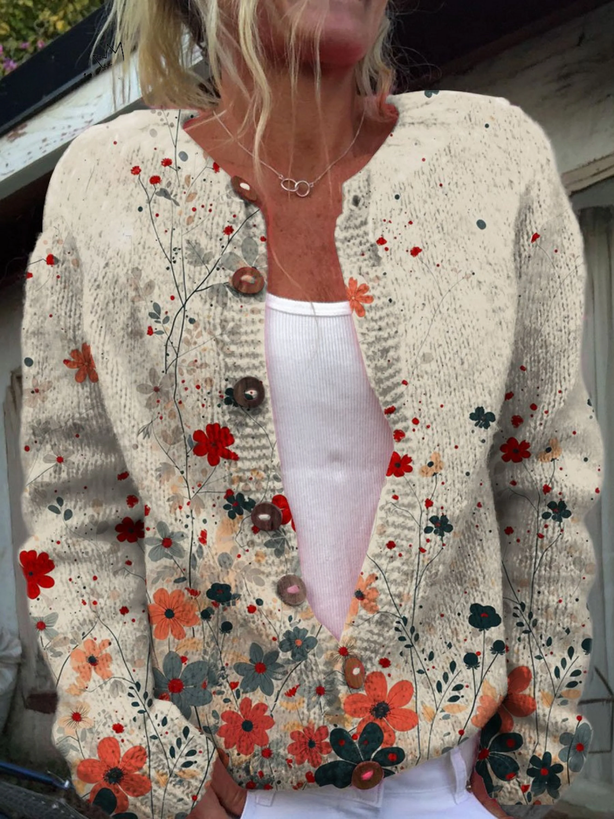 Vintage Flower Art Print | Grace™ Buttoned Cardigan Sweater